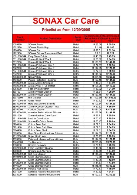 Car Care Price List